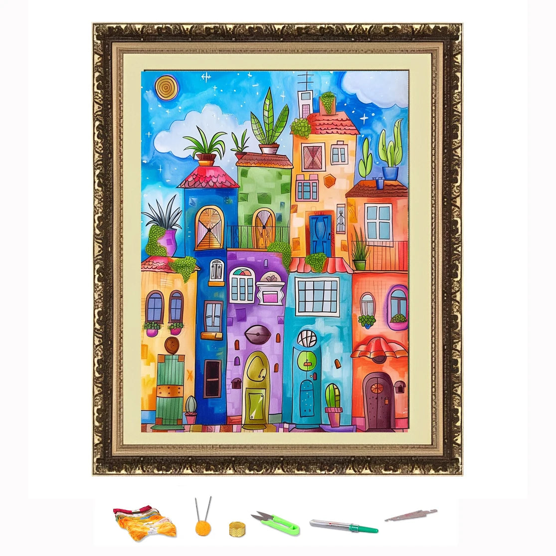 Bordado de punto de cruz, Kit de costura artesanal con dibujo de casas coloridas, decoración impresa en lienzo 11CT