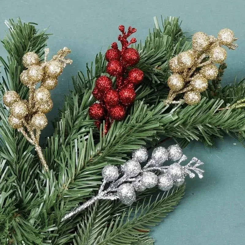 Brillo Artificial de Navidad, ramas de bayas rojas, polvo dorado, bayas de acebo, flores falsas, adornos de árbol de Navidad