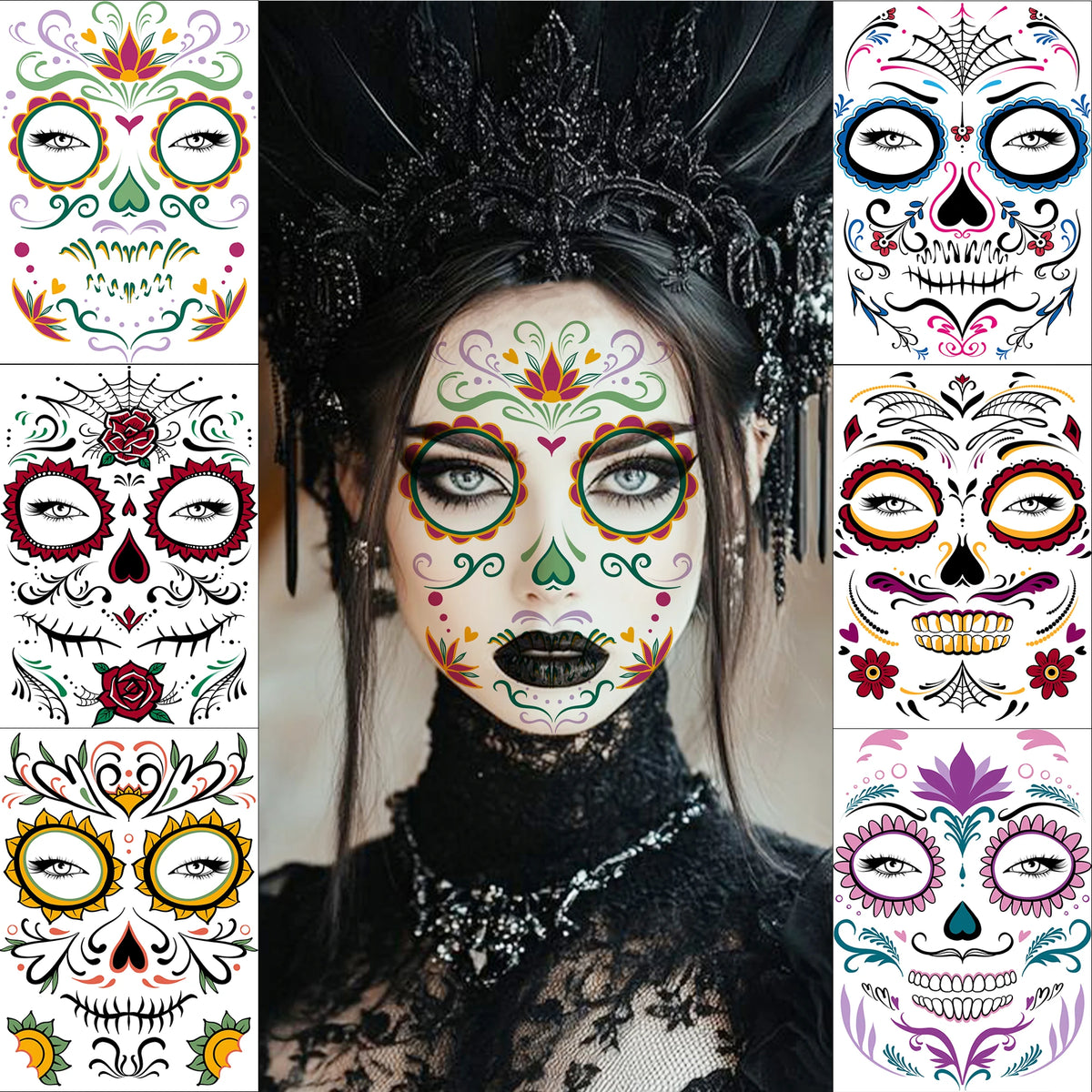 6 Hojas de Tatuajes Temporales para Halloween, Duraderos e Impermeables para Hombres y Mujeres