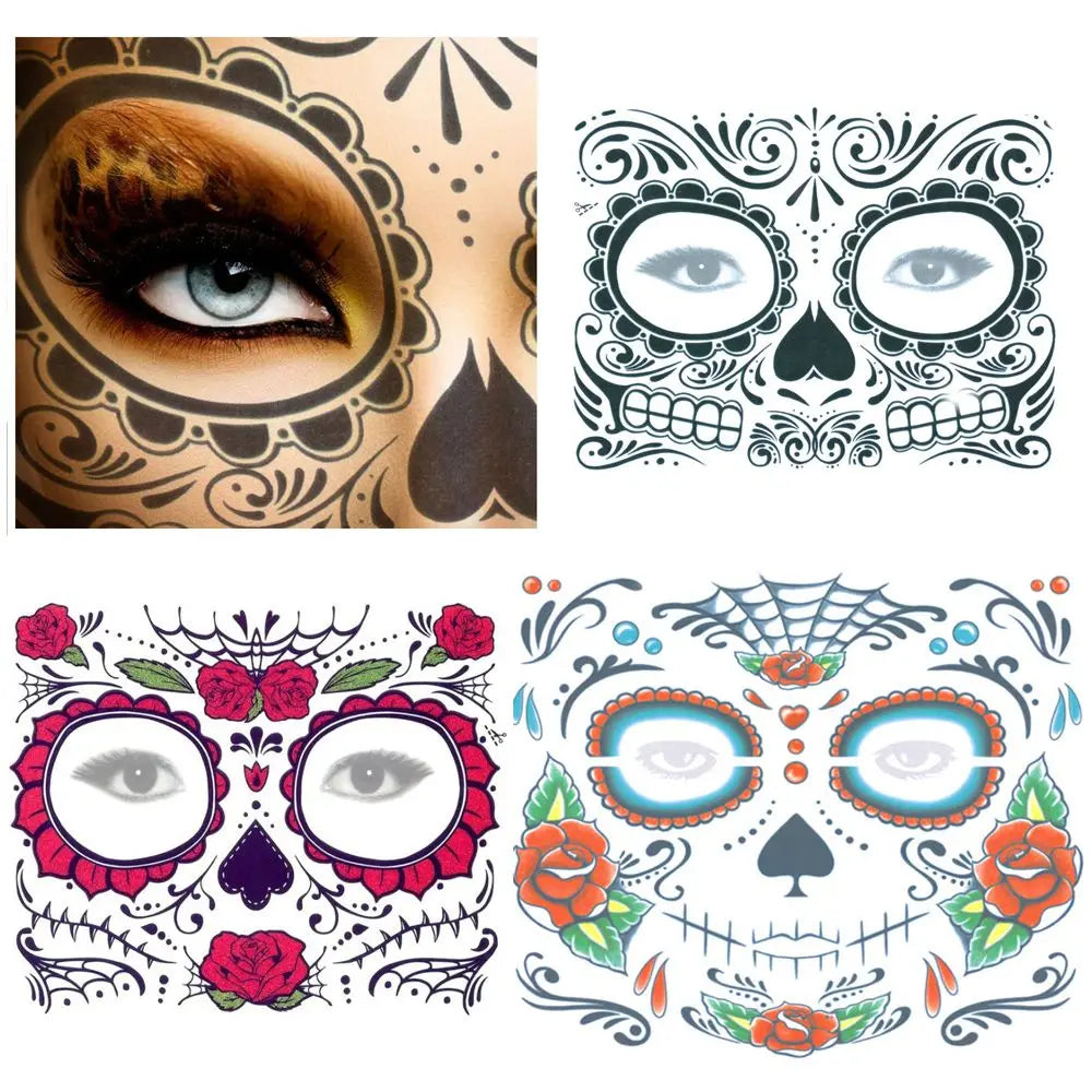 Tatuaje temporal de Día de los muertos, maquillaje Facial de Halloween impermeable, 1 unidad
