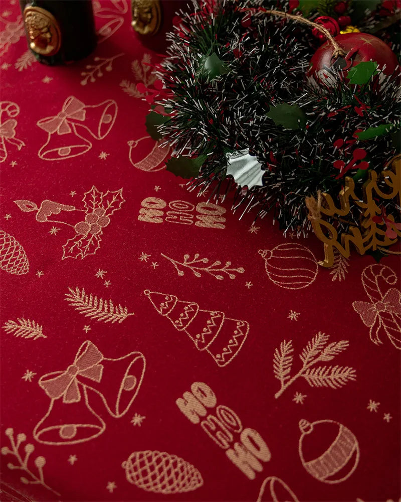 Mantel rojo navideño,  Jacquard, encaje dorado