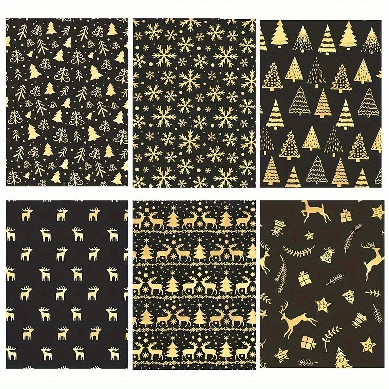 Paquete de 6 papel de regalo navideño de lámina negra y dorada