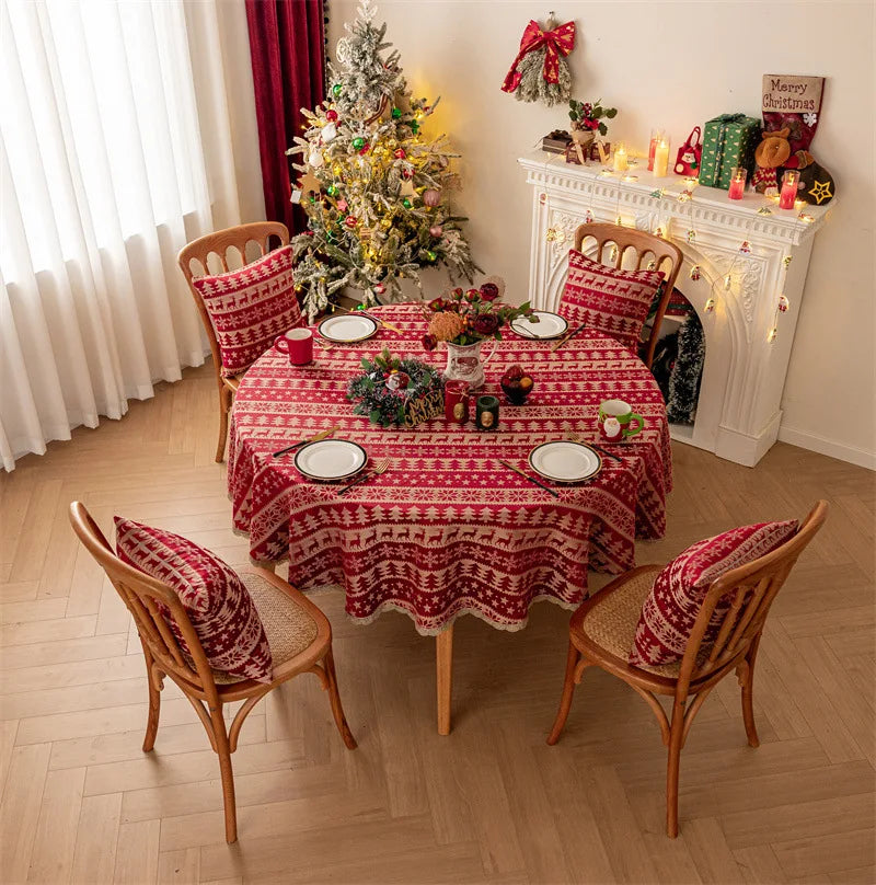 Mantel redondo navideño de Jacquard rojo, mantel impermeable con borde dorado de ciervo, con decoraciones de Navidad y forro de cojines