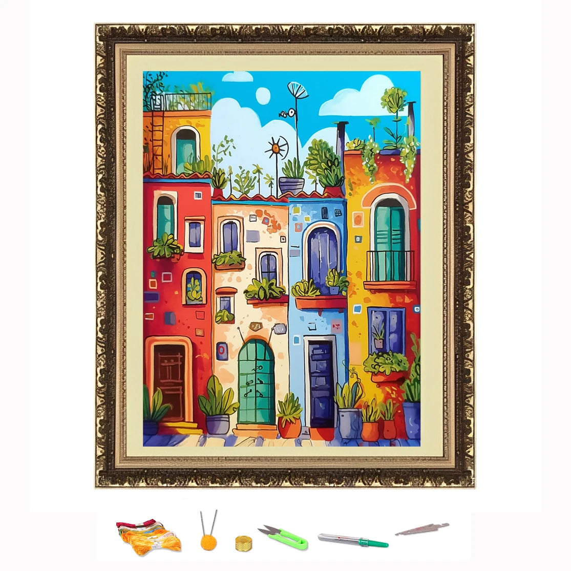 Bordado de punto de cruz, Kit de costura artesanal con dibujo de casas coloridas, decoración impresa en lienzo 11CT