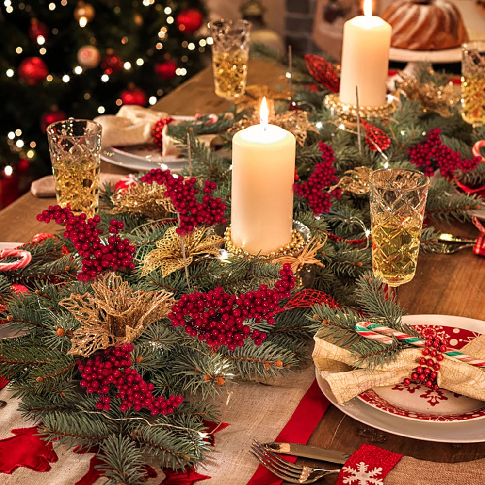 Simulación de bayas rojas artificiales, ramas de frutas navideñas para árbol de Navidad, adornos de mesa, decoración de corona