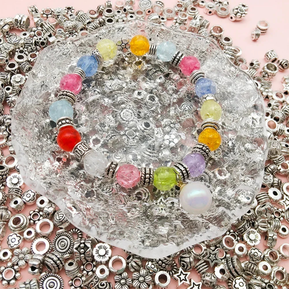 Mostacillas Retro de pentagrama de flor elíptica, joyería de aleación de plata tibetana, 50 piezas