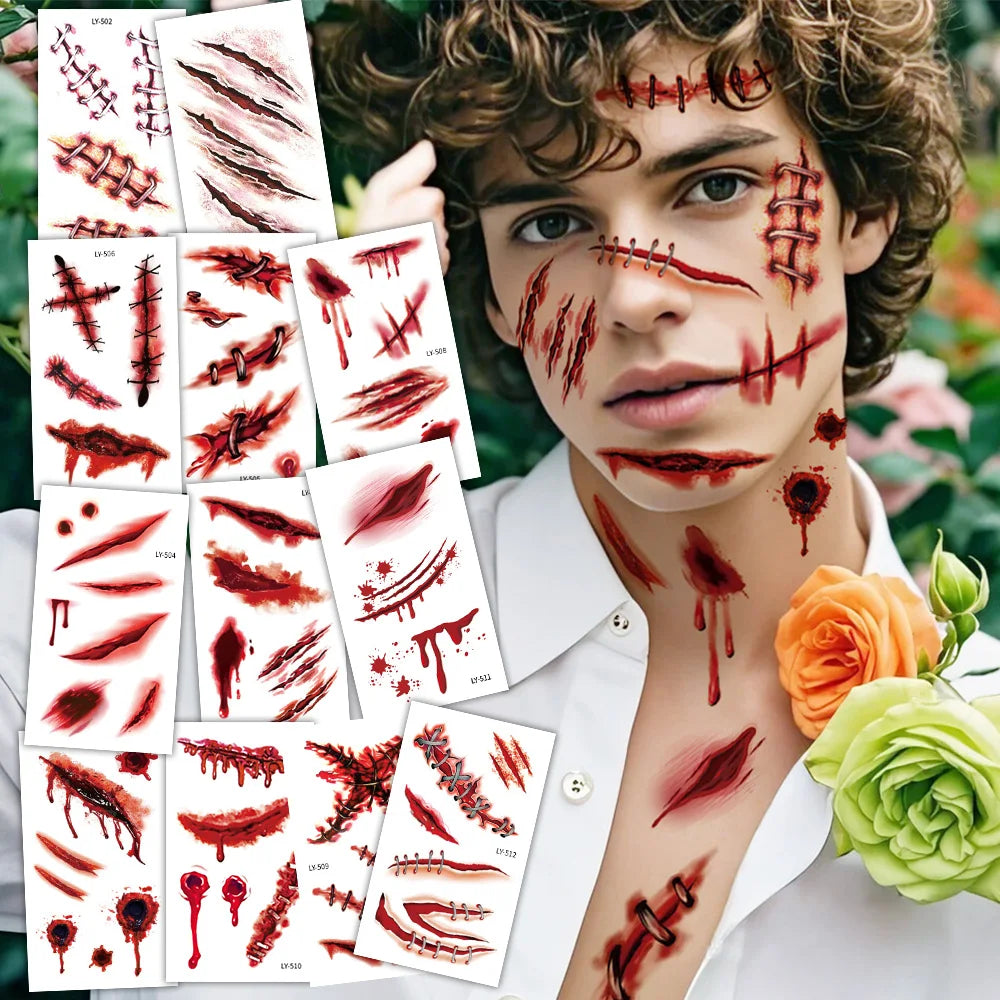 Tatuajes Temporales 3D de Cicatrices y heridas para Halloween - 12 Hojas,