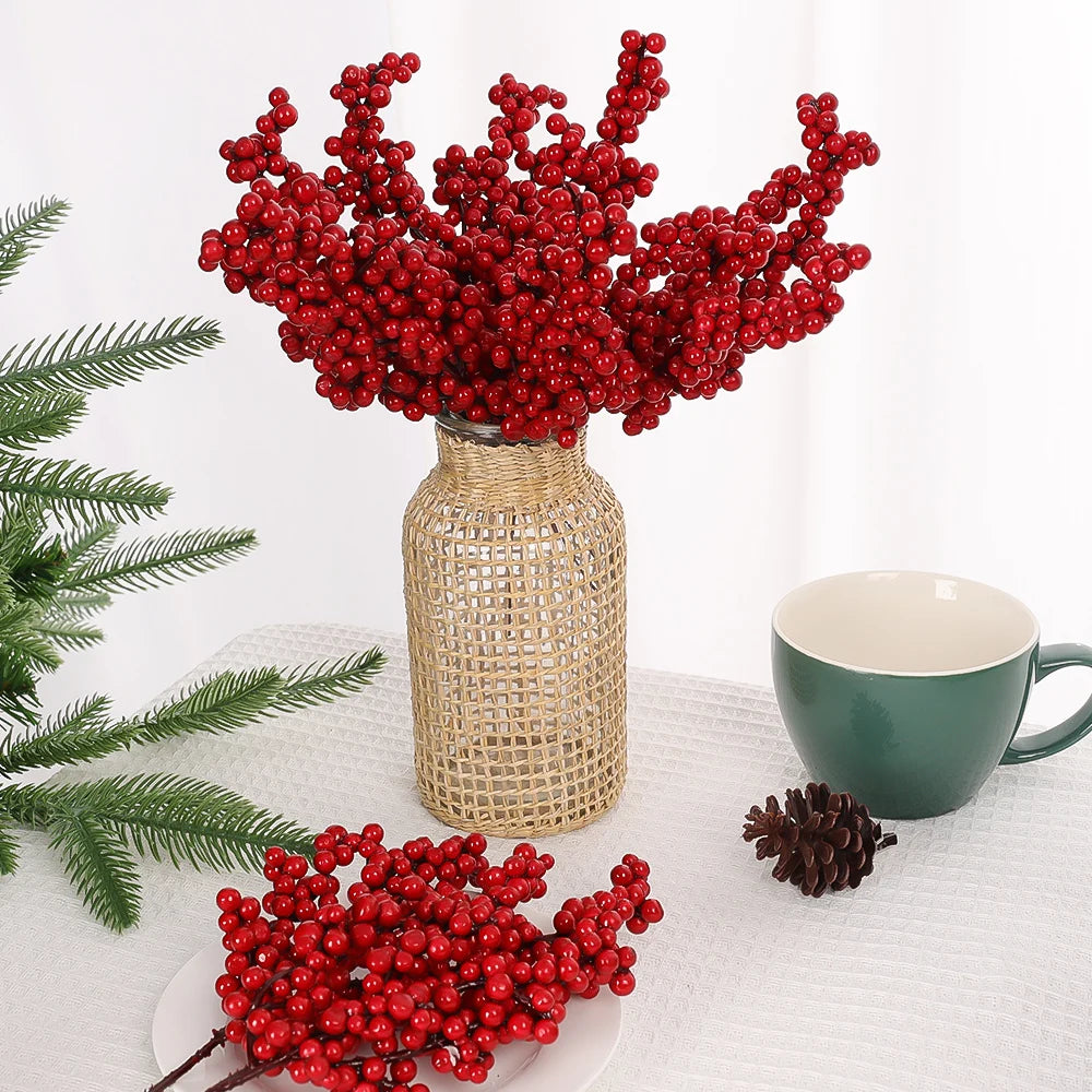 Simulación de bayas rojas artificiales, ramas de frutas navideñas para árbol de Navidad, adornos de mesa, decoración de corona
