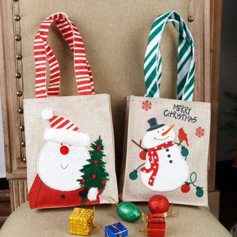 Bolsas de Navidad con estampado de muñeco de nieve y Papá Noel, de yute natural para regalo