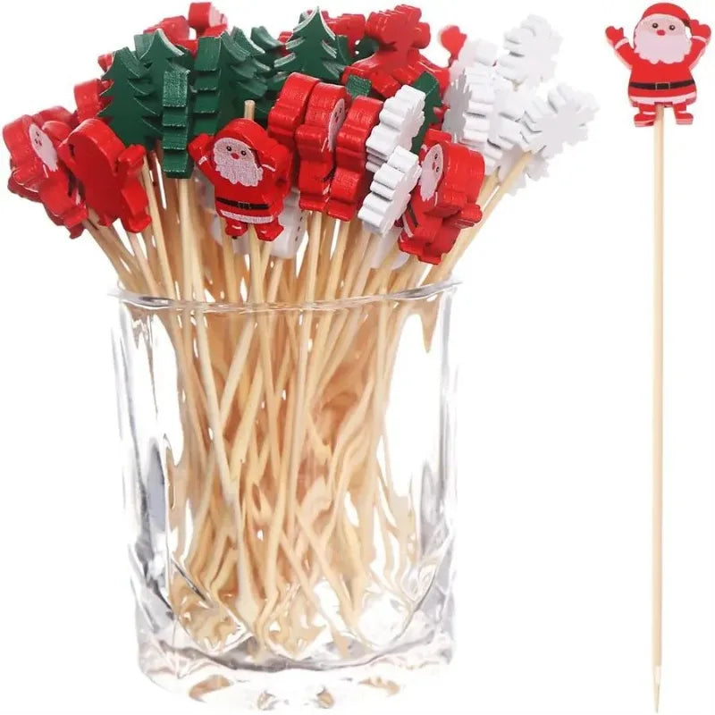 50 unids/set palitos de fruta de Navidad de bambú desechables