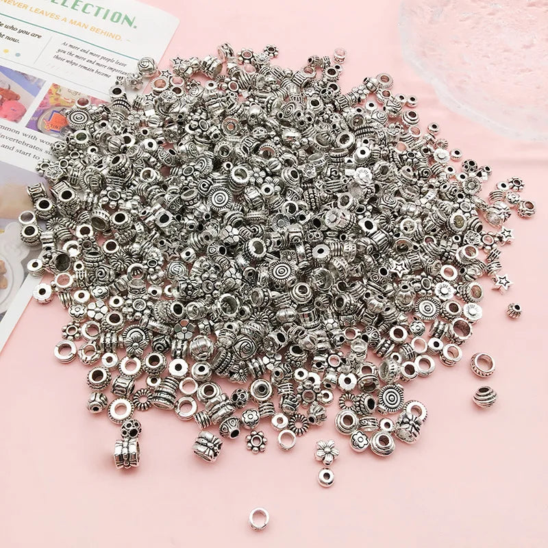 Mostacillas Retro de pentagrama de flor elíptica, joyería de aleación de plata tibetana, 50 piezas