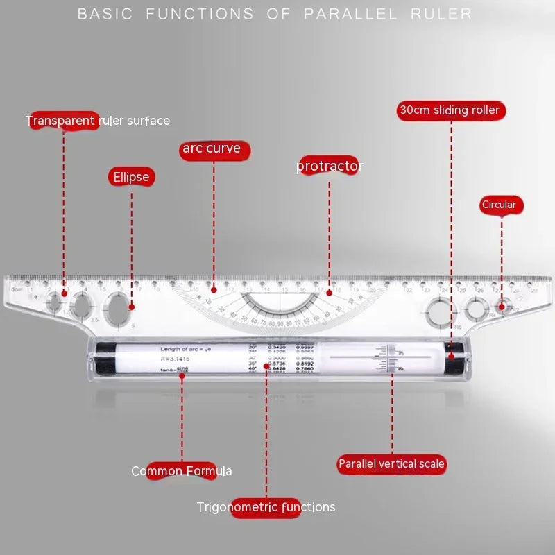 Regla de rodillo paralela transparente, multifunción de 30cm, regla de equilibrio angular, regla arquitectónica