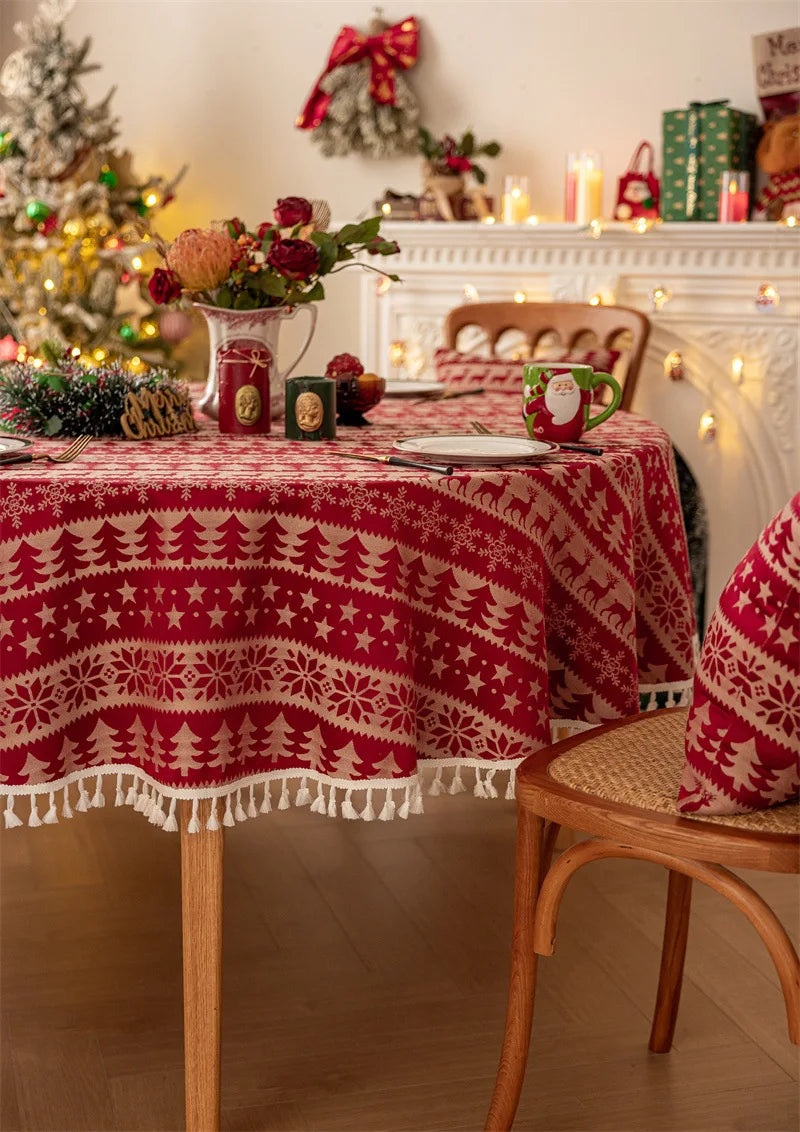 Mantel redondo navideño de Jacquard rojo, mantel impermeable con borde dorado de ciervo, con decoraciones de Navidad y forro de cojines