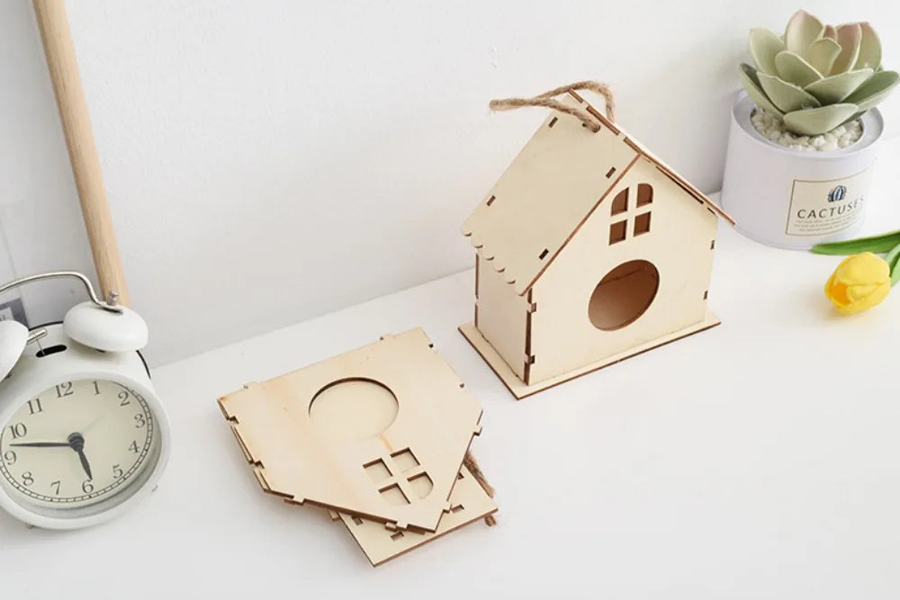 Casa para pájaros de madera con cuerda de cáñamo para colgar, pintar