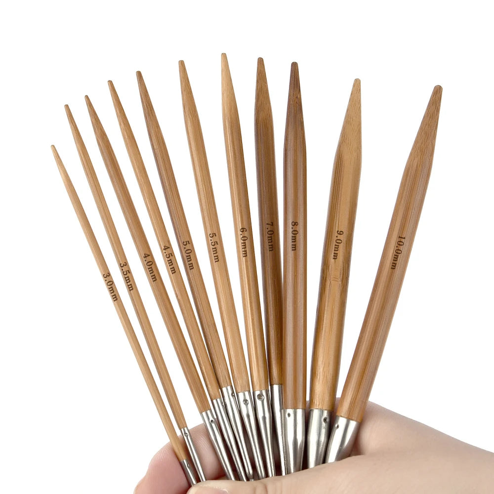 Palillos de tejer de bambú de 3-10mm, agujas circulares con aro de tubo de acero inoxidable para tejer a mano