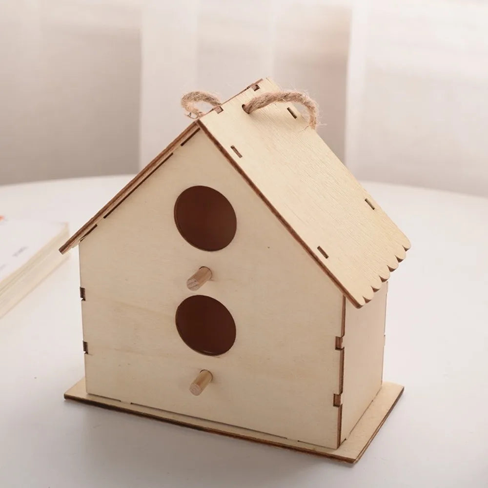 Casa para pájaros de madera con cuerda de cáñamo para colgar, pintar