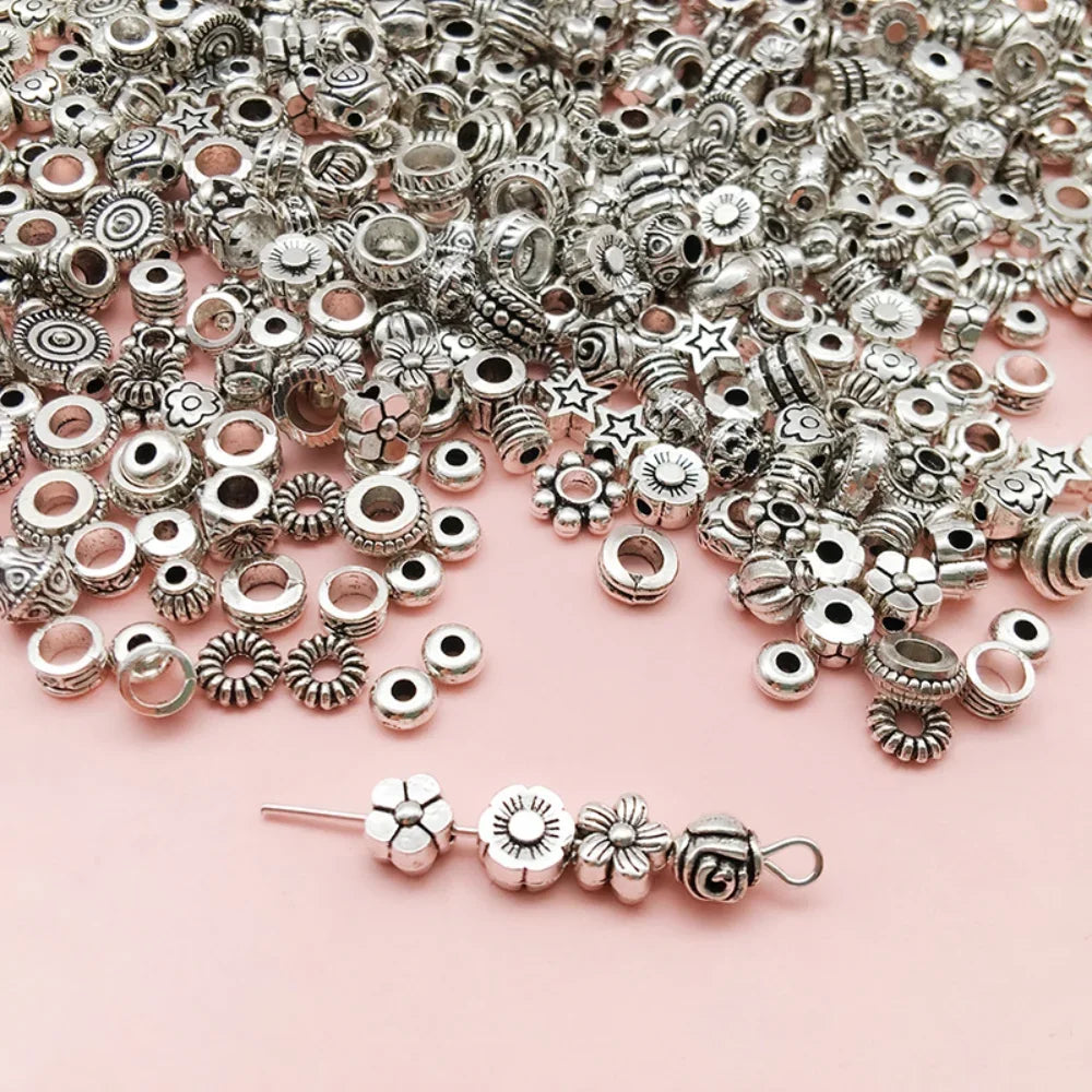 Mostacillas Retro de pentagrama de flor elíptica, joyería de aleación de plata tibetana, 50 piezas