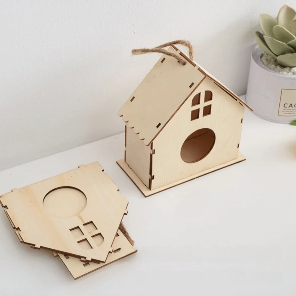 Casa para pájaros de madera con cuerda de cáñamo para colgar, pintar