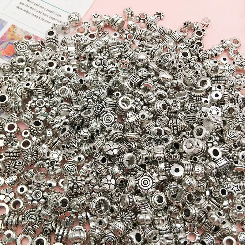 Mostacillas Retro de pentagrama de flor elíptica, joyería de aleación de plata tibetana, 50 piezas