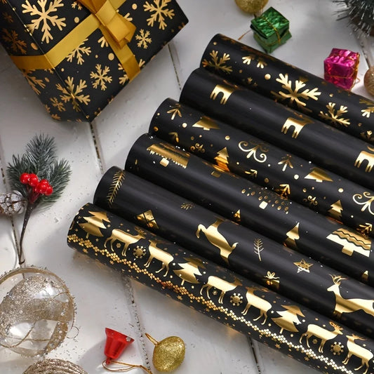 Paquete de 6 papel de regalo navideño de lámina negra y dorada