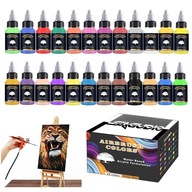 Juego de pintura para aerógrafo, 12/24 colores, 30ML, pintura acrílica fluorescente opaca y a base de agua para zapatos, uñas, arte, pintura modelismo