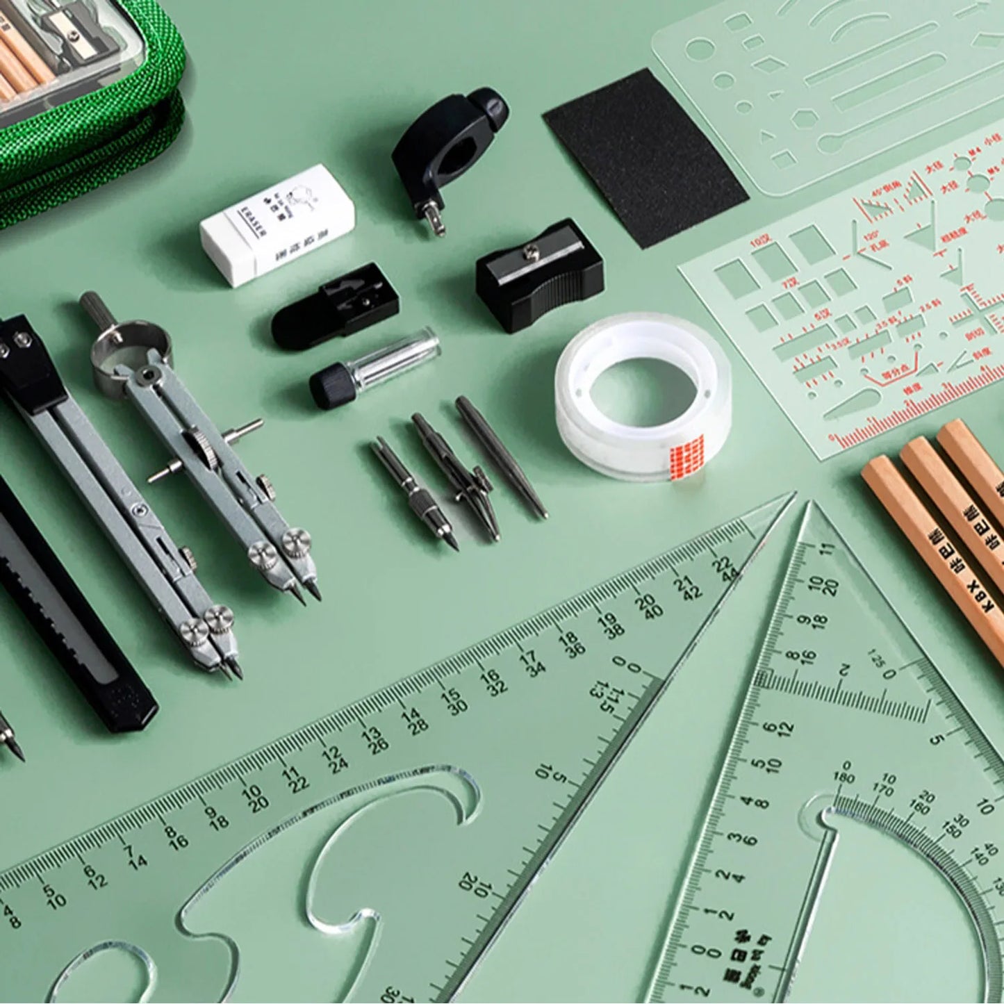 Juego de geometría con brazo oscilante de 7,8 pulgadas, juego de divisor transportador, regla de cuadrados, compás