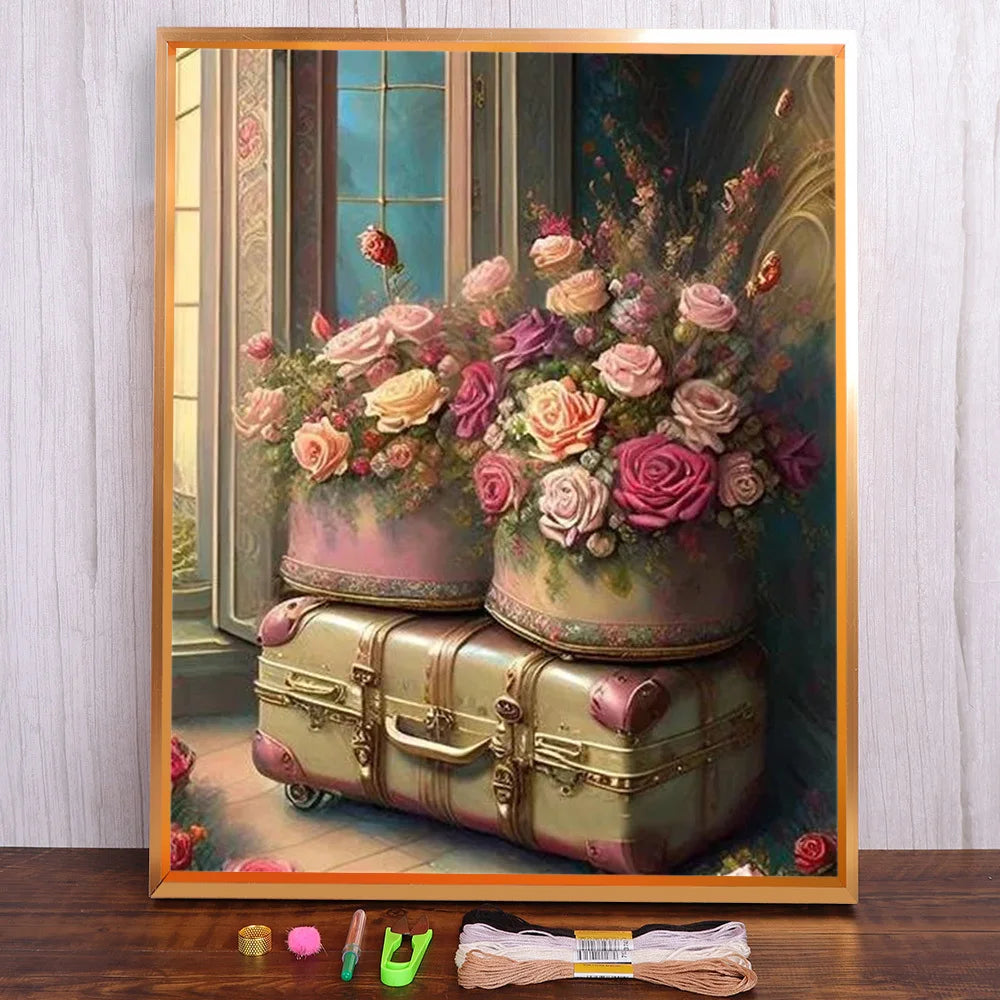 Flores-Kit completo de punto de cruz preimpreso
