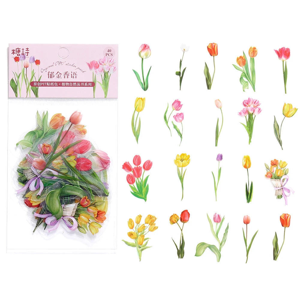 40 unids/bolsa planta naturaleza flor decorativa PVC stickers para manualidades