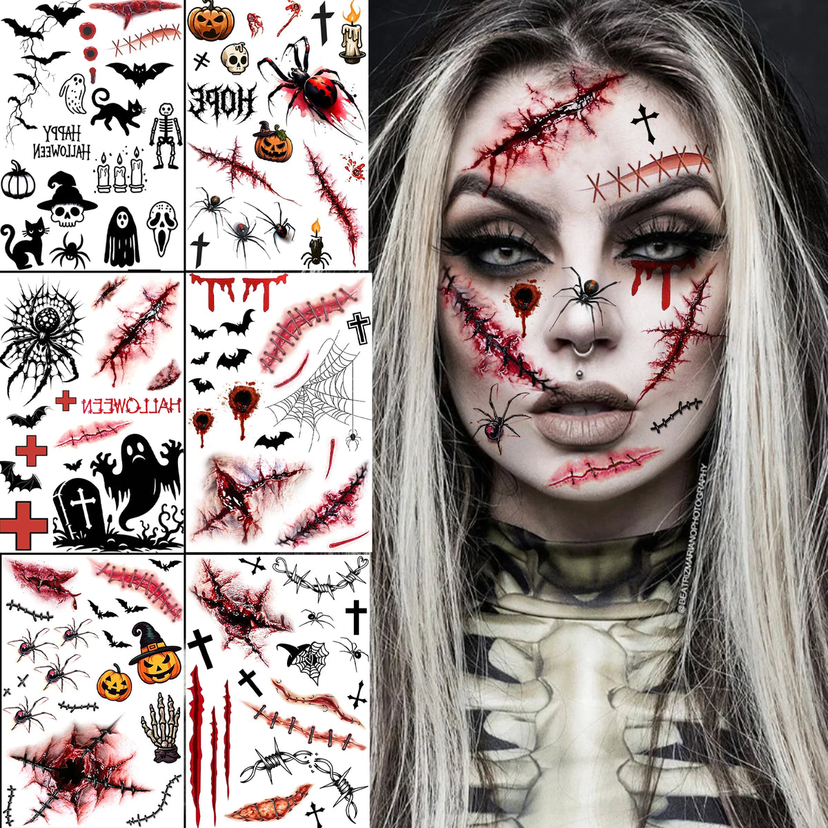 6 Hojas de Tatuajes Temporales para Halloween, Duraderos e Impermeables para Hombres y Mujeres