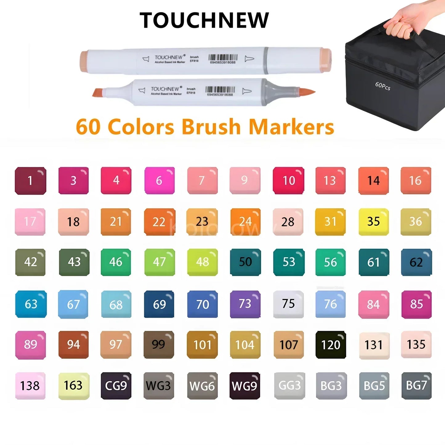 Rotuladores de doble punta suave, TOUCHNEW 30/60/80 colores con punta pincel y cincel para artistas adultos