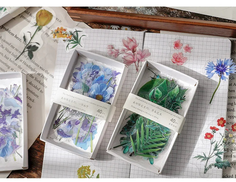 40 hojas de stickers vintage de plantas y flores