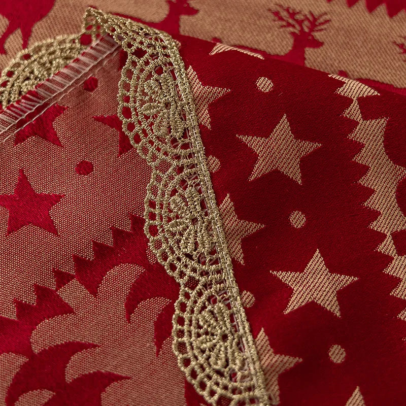 Mantel rojo navideño,  Jacquard, encaje dorado