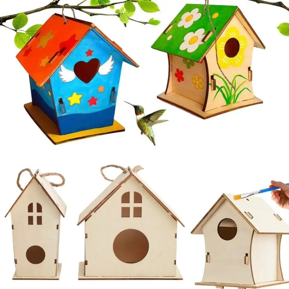 Casa para pájaros de madera con cuerda de cáñamo para colgar, pintar