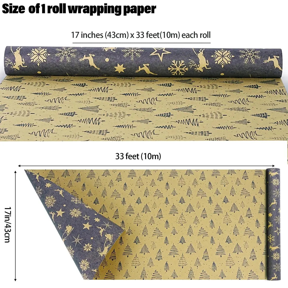 1 rollo de papel de regalo navideño reversible, papel kraft vintage azul marino y marrón de 44 cm pulgadas x 10 mts aprox.