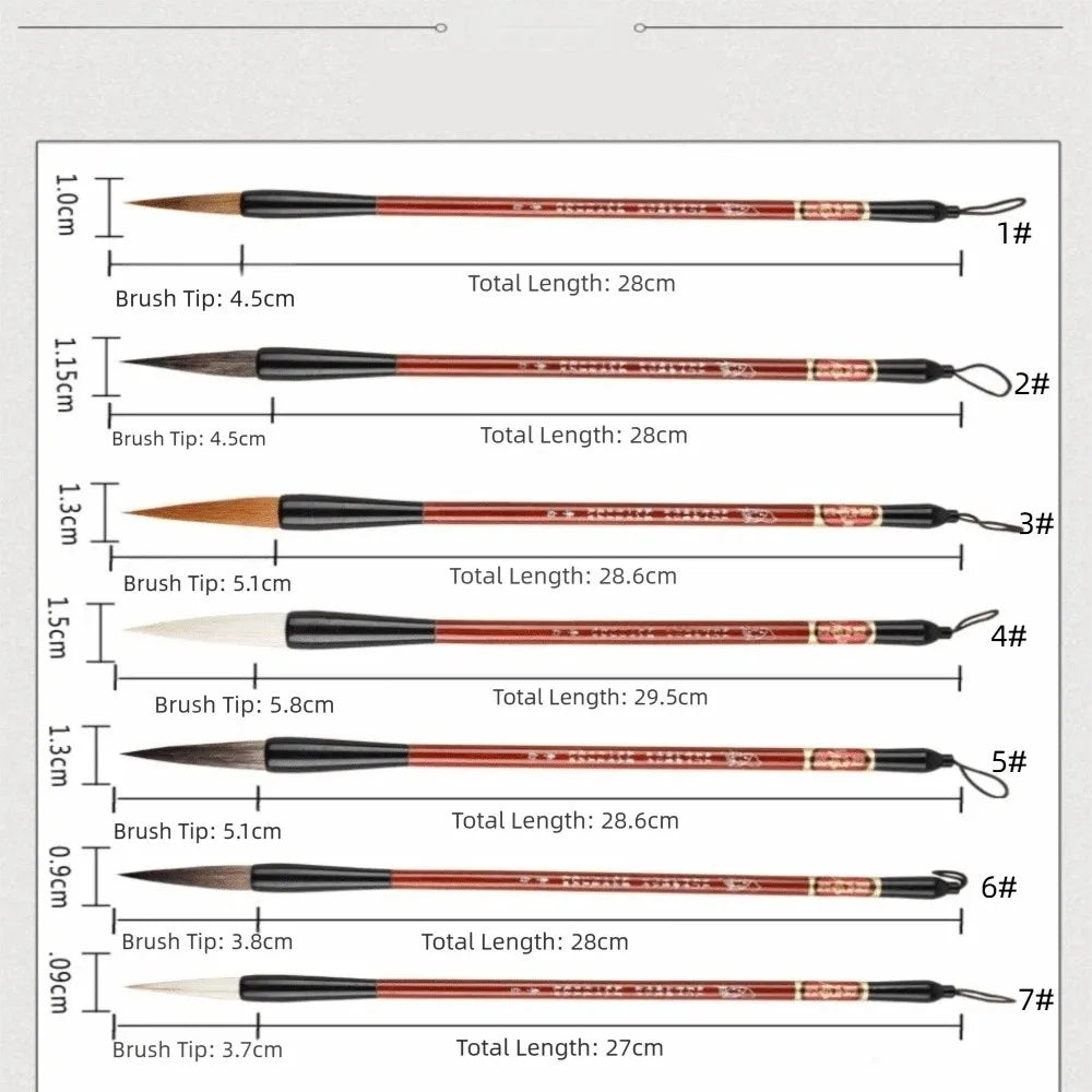 Juego de 7 pinceles de naylon para caligrafía y pintura china, mango de madera, varios tamaños