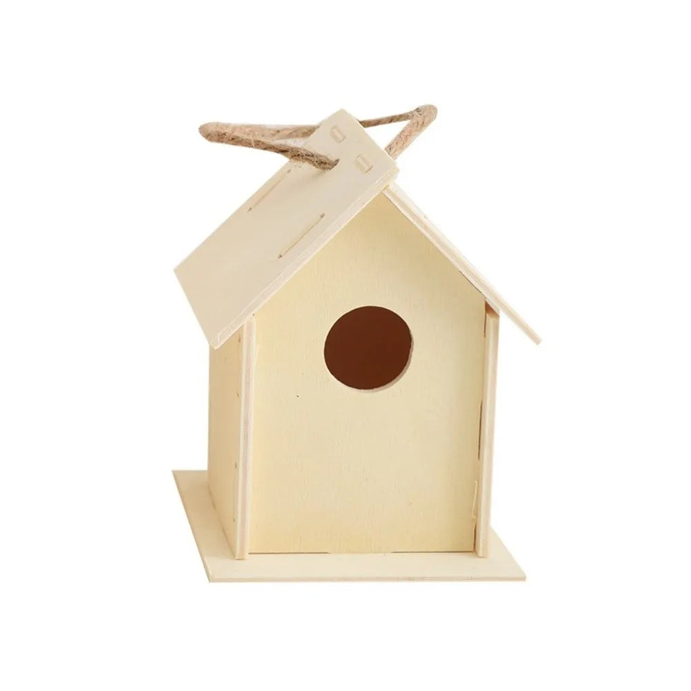 Casa para pájaros de madera con cuerda de cáñamo para colgar, pintar