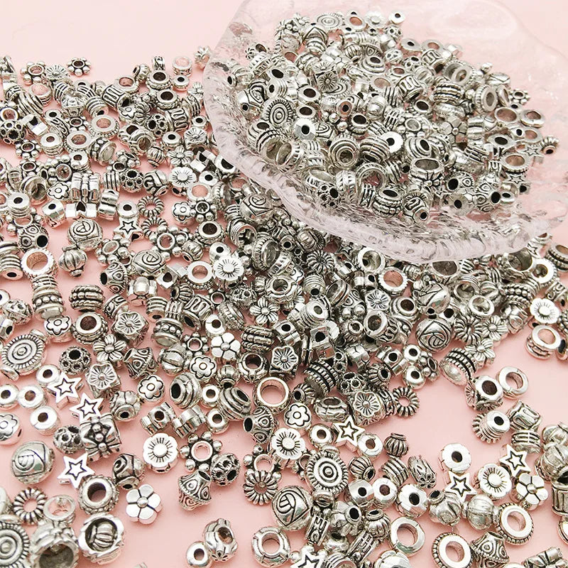 Mostacillas Retro de pentagrama de flor elíptica, joyería de aleación de plata tibetana, 50 piezas