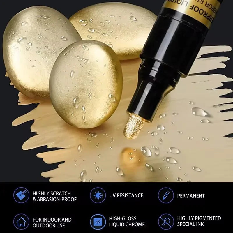 Rotulador de pintura cromada, lápices de pintura de espejo líquido reflectante, tinta dorada y plateada, punta de escritura de 1mm para modelo de metal, madera y plástico, 1/2/3 unidades