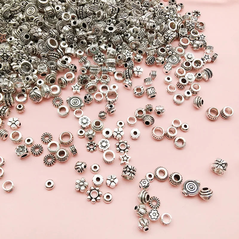 Mostacillas Retro de pentagrama de flor elíptica, joyería de aleación de plata tibetana, 50 piezas