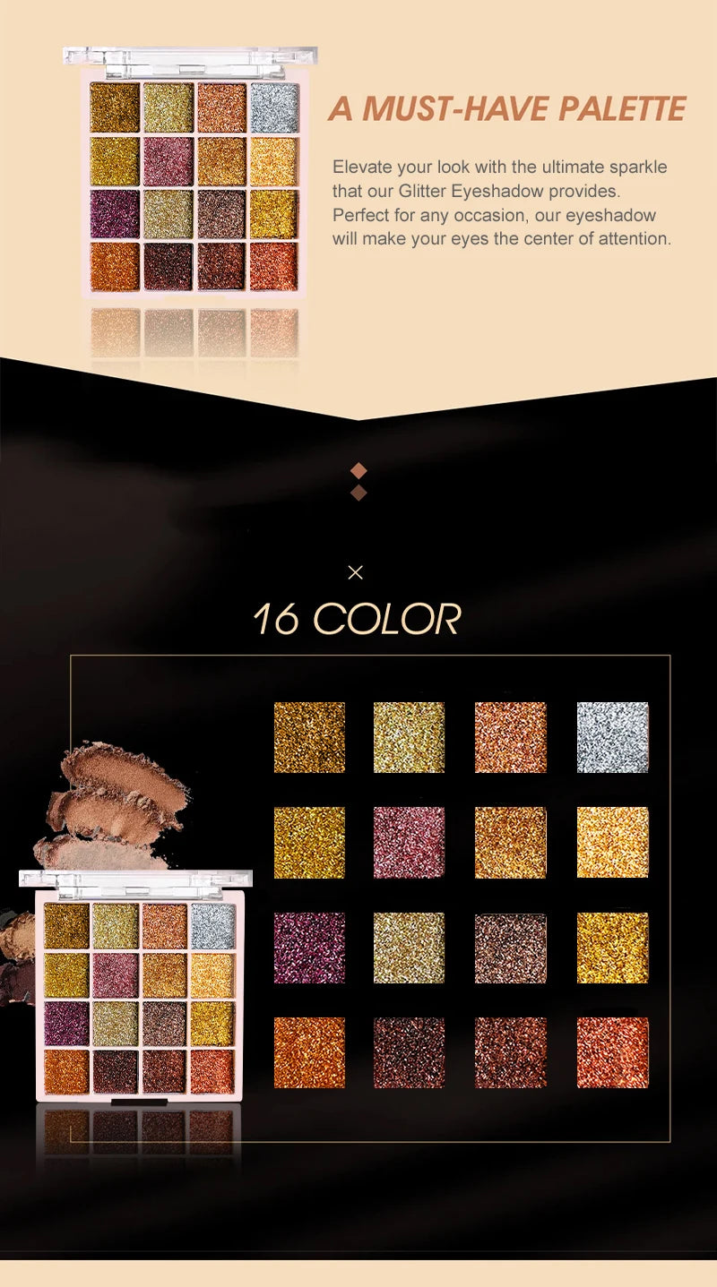 Paleta de sombra de ojos con purpurina de 16 colores, brillo multicolor, acabado de lentejuelas brillantes, maquillaje facial corporal, maquillaje para fiesta y escenario