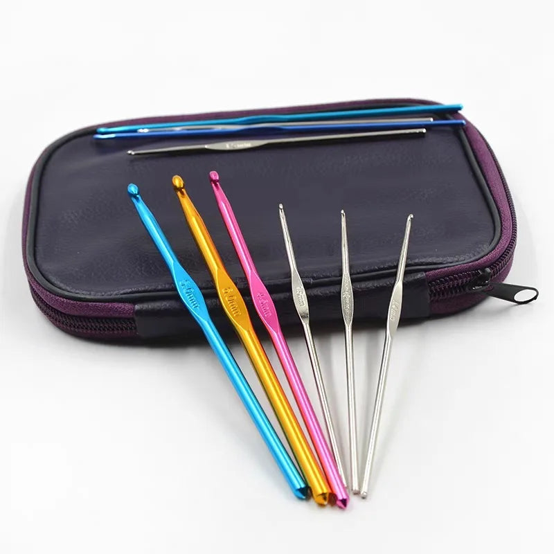 22 unids/set Kit de ganchos de crochet de aluminio con funda de cuero sintético