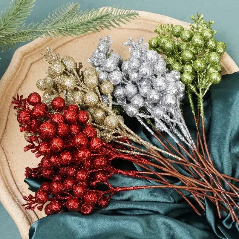 Brillo Artificial de Navidad, ramas de bayas rojas, polvo dorado, bayas de acebo, flores falsas, adornos de árbol de Navidad