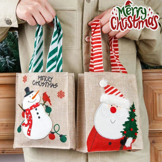 Bolsas de Navidad con estampado de muñeco de nieve y Papá Noel, de yute natural para regalo