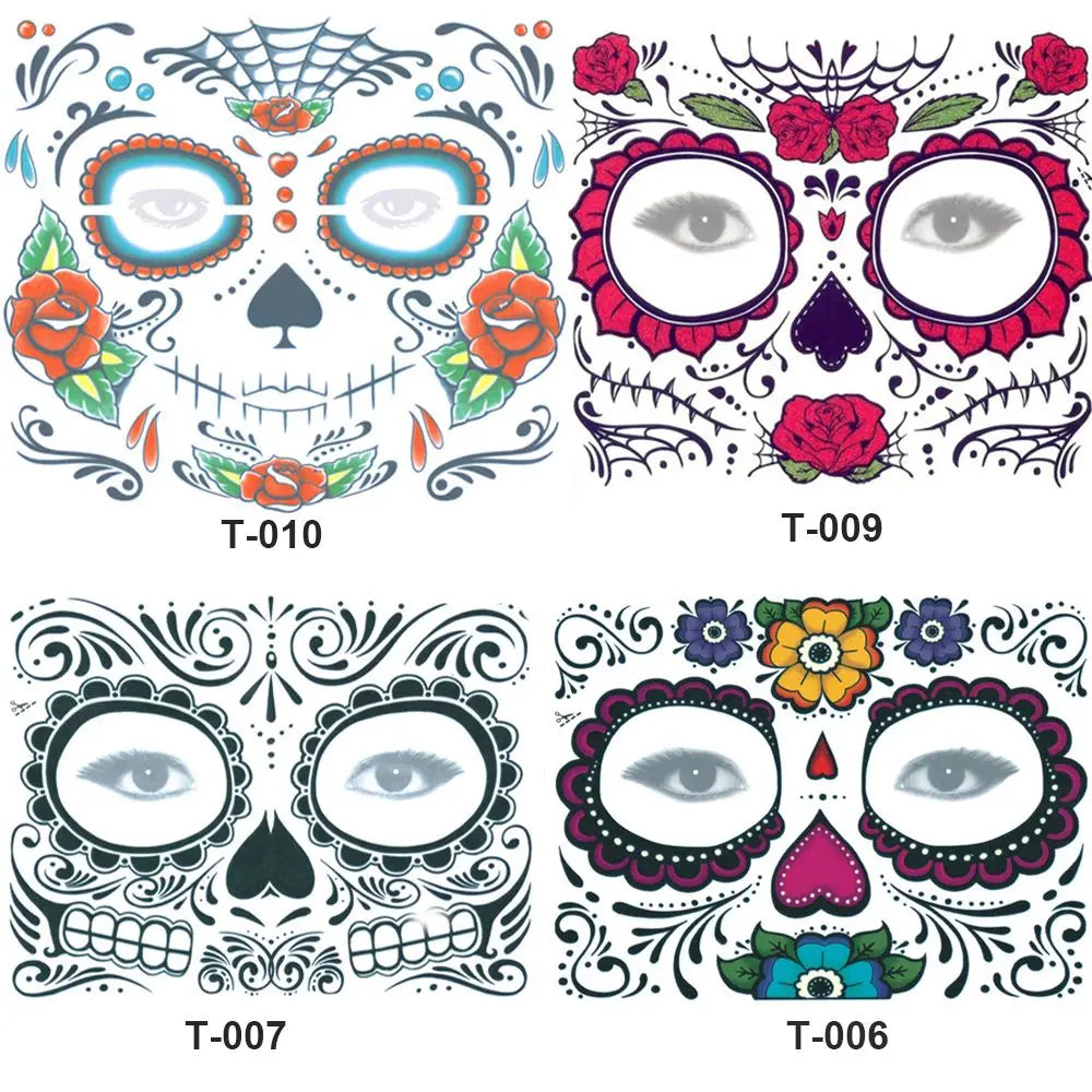 Tatuaje temporal de Día de los muertos, maquillaje Facial de Halloween impermeable, 1 unidad