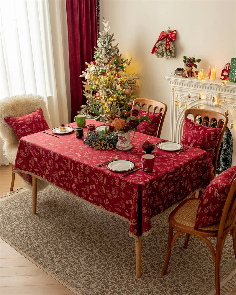 Mantel rojo navideño,  Jacquard, encaje dorado
