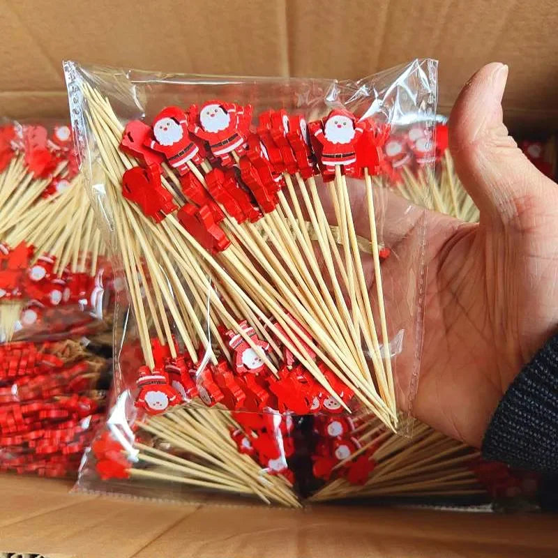 50 unids/set palitos de fruta de Navidad de bambú desechables