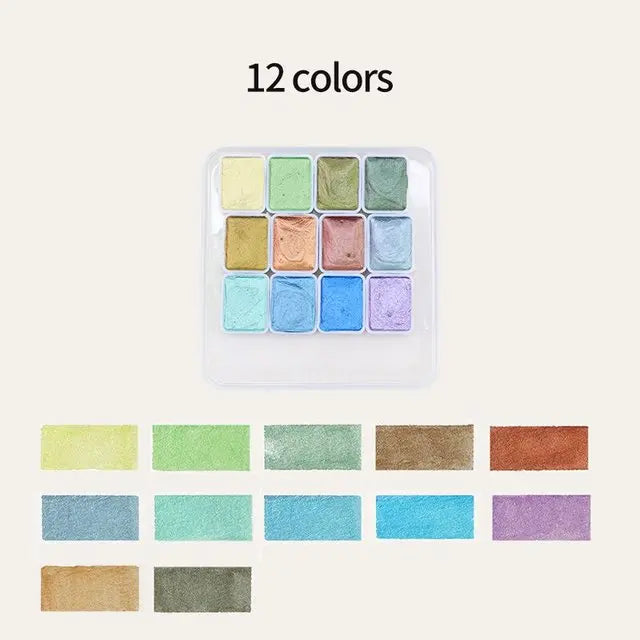 Juego de pinturas de Acuarela sólidas de 12 colores, pigmento nacarado texturizado, brillo metálico