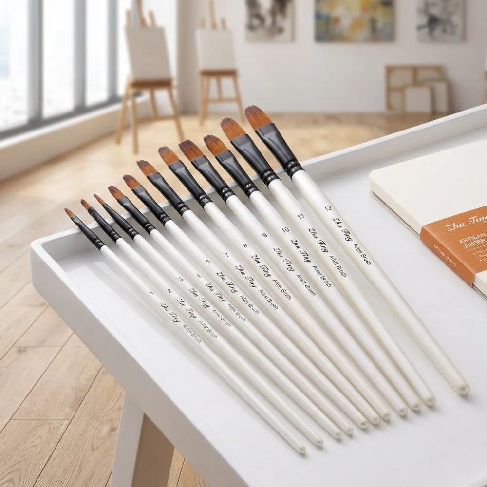 Juego de 12 pinceles de arte con mangos perlados blancos, punta de lengüeta y punta angular