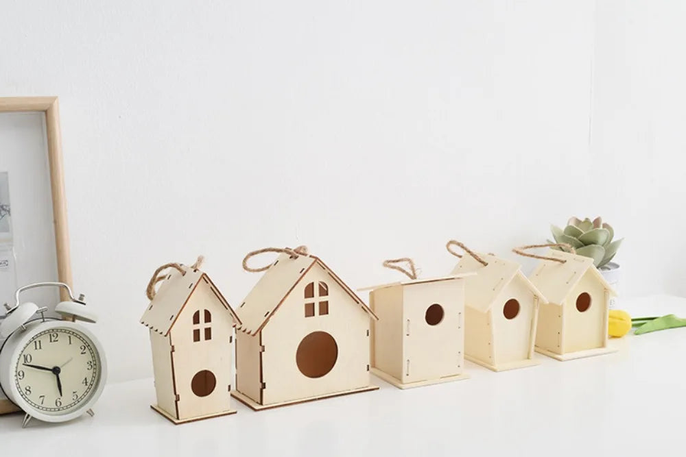 Casa para pájaros de madera con cuerda de cáñamo para colgar, pintar