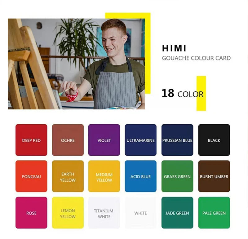 HIMI-Juego de pintura Gouache, 30ml, 18/24 colores, taza de gelatina, no tóxico